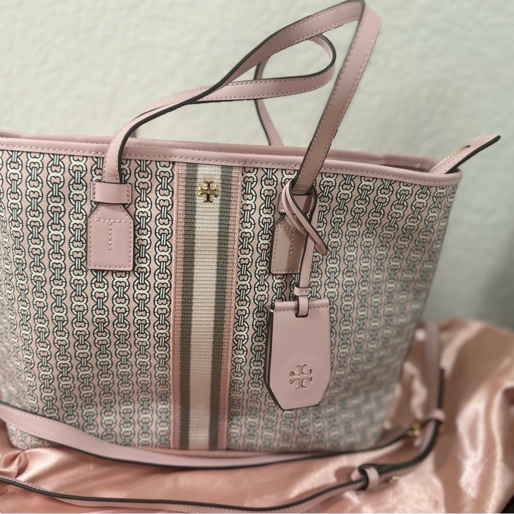 Tory Burch Pink Patterned Tote Handbag with Stripe Accent and cross body strap - Picture 12 of 13